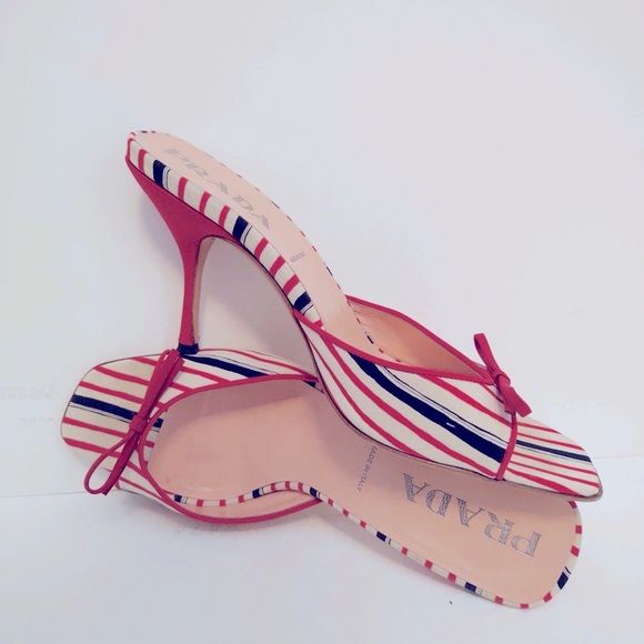 Prada Shoes - [Prada] Vintage Stripe Red & Navy Fabric Sandals